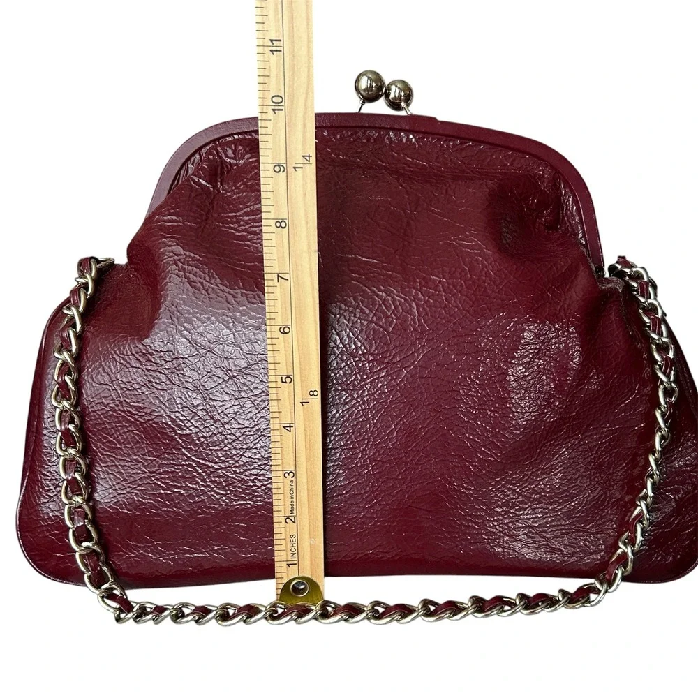 Charles David Burgundy Patent Leather Large Kiss Lock Frame Clutch Chain Bag Y2K